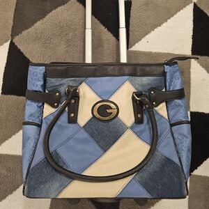 Stylish Patchwork Guess Type Vintage Travel Bag with Blue and Cream Design